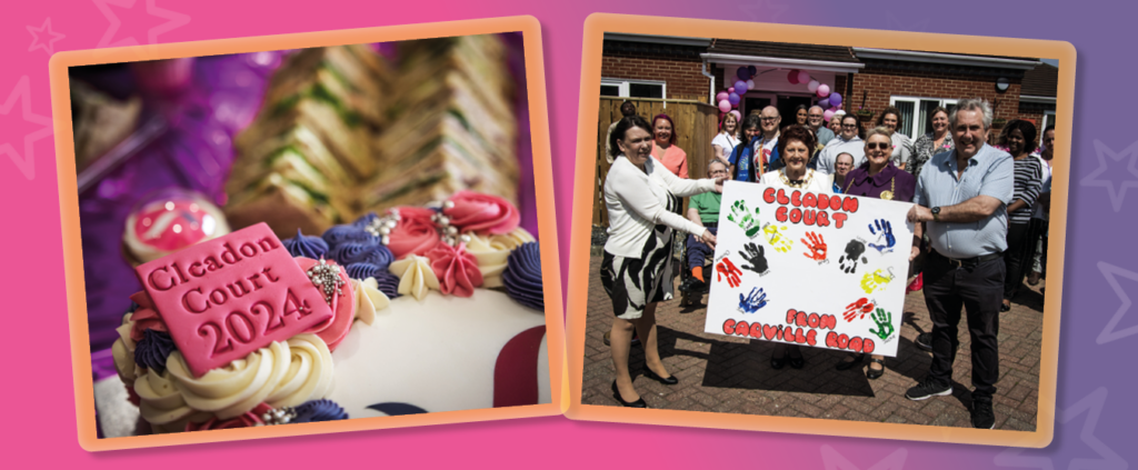 A collage of photographs from our Cleadon Court opening event, including our specially made cake and our neighbouring service Carville Road gifting a hand-print artwork to Cleadon Court manager, June Smith.